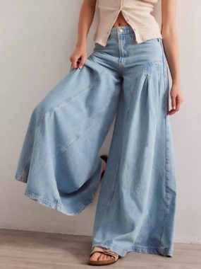 Buttons Wide Leg Jeans Pants
