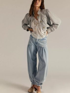 High Waist Denim Pants with Pleated Pockets