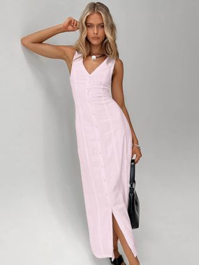 Buttons-Up Sleeveless Long Dress