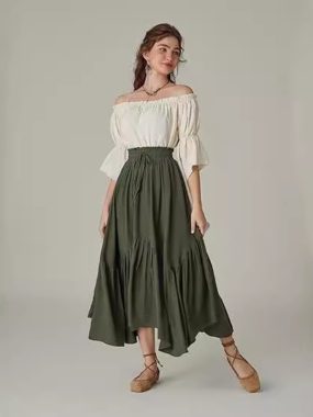 Irregular Solid Color Peasant Midi Skirt