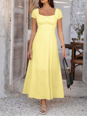 Prairie Pleated Bust Solid Maxi Boho Dress