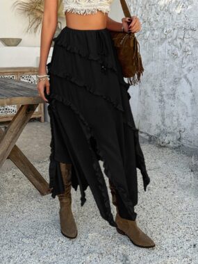 Shredded Asymmetric Ruffled Maxi Skirt