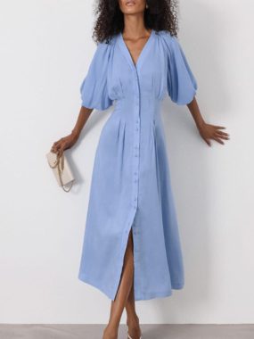 V-Neck Puff Sleeve Button-Up Dress