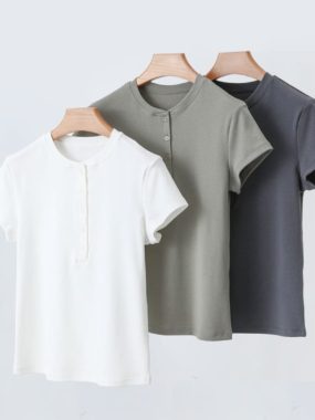 Womens Modal Cotton Ribbed Henley T-shirt