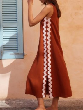 Mid Length Color Contrast O-Neck Dress