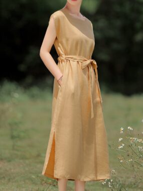 Pure Linen U-Neck Chest Ribbon Dress