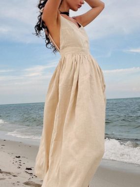 Plain V-Neck Pure Cotton Maxi Dress