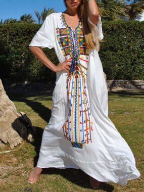 Oversized V-Neck Embroidered Ethnic Dress