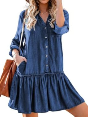 Mini Botton-Up Denim Ruffle Mini Dress
