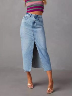 Washed Midi Denim Skirt With Front Slit