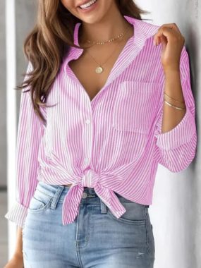 All Seasons Long Sleeve Striped Cotton Blend Blouse