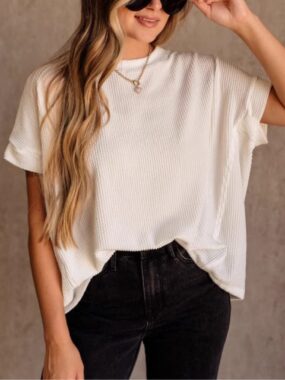 Knitted Loose Fit Ribbed Boxy T-Shirt