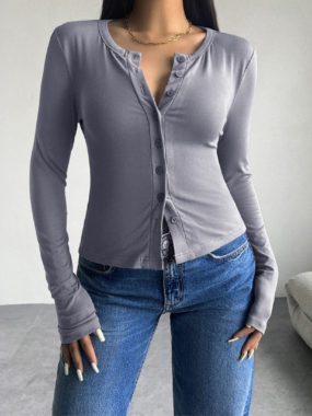 Long Sleeve Thin Button Up Ribbed Top