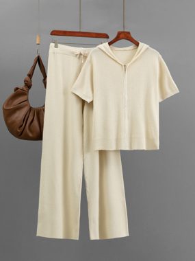 Hooded Zipper Top With Casual Wide Leg Pants
