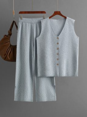 Vest And Casual Loose Fit Wide Legged Pants With Side Slits