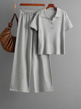 Polo Collar Button Up T-Shirt and Wide Legged Pants
