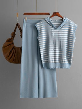 Knit Set Of Sleeveless Hooded Striped Top and Pants