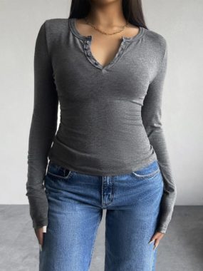 Solid Slim Fit Button Up V-Neck Top