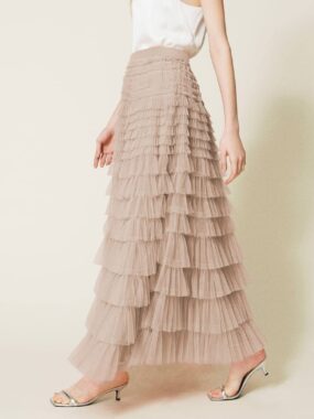 High Waist Pleated Flouncy Layered Long Skirt