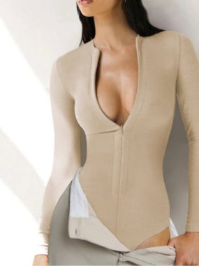 Long Sleeve O-Neck Zip Up Solid Color Elastic Bodysuit