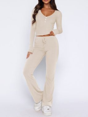 V-Neck Top And Elastic Flared Flouncy Pants