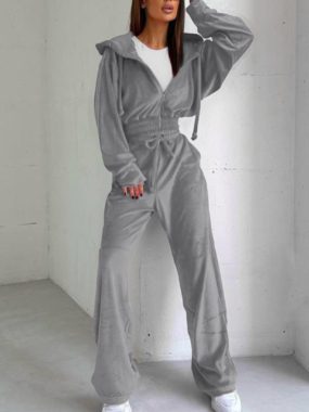 Velvet Set Of Loose Fit hooded Jacket And Casual Pants