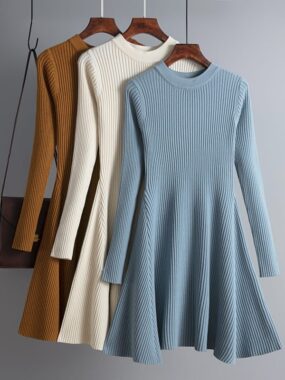 Winter Long Sleeve Elastic Knitted Ribbed Mini Dress