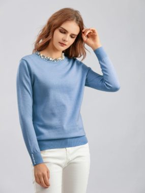 Beaded Knitted Round Neck Slim Fit Thin Sweater