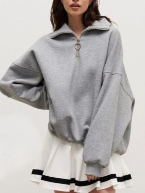 Half Zip Fleeced Oversized Dropped Shoulders Sweatshirt