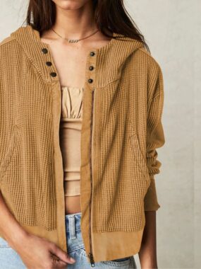 Textured Long Sleeve Elastic Hooded Jacket