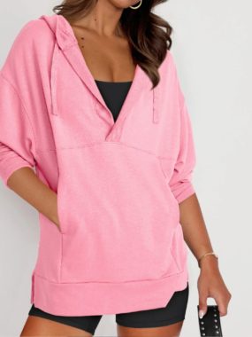 Long V-Neck Hooded Kangaroo Pullover