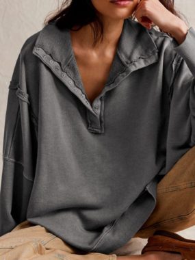 Dropped Shoulders Lantern Sleeves Polo Neck Pullover