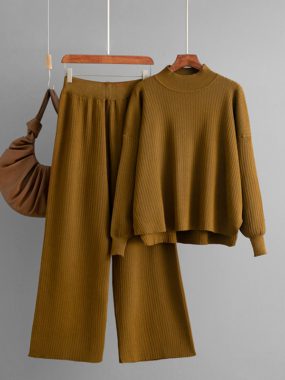 Half Turtle Neck Lantern Sleeve Knit Sweater And Casual Pants