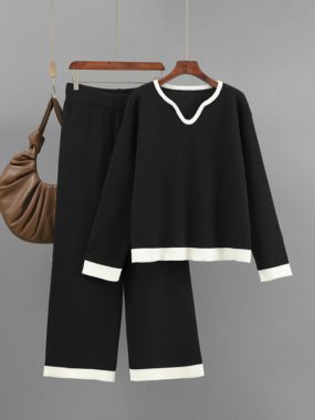 Sweatheart V-Neck Sweater And Casual Wide Leg Pants