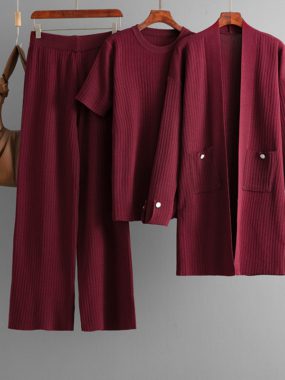 3 Pcs Knit Set Mid Length Cardigan,  T-Shirt, and Casual Pants