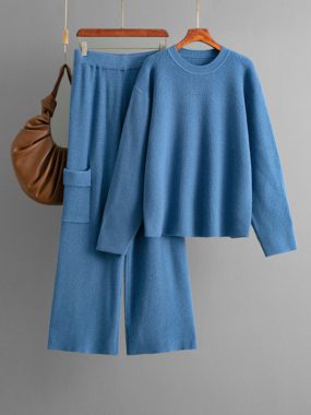 Casual Knit Round Neck Loose Fit Sweater And Pocket Pants