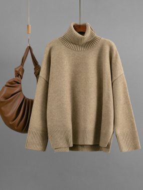 Turtleneck Solid Color Knit Sweater With Side Slits