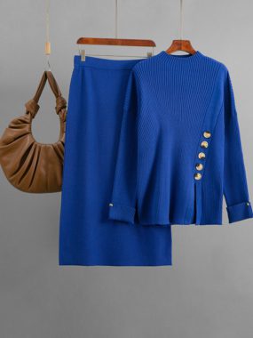 Asymmetric Buttons Sweater And Midi Textured Skirt