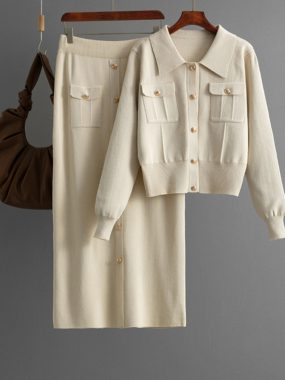 Chest Pockets Jacket And Midi Straight Cut Skirt