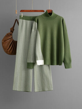 Color Blocking Long Sweater and Textured Pants Set