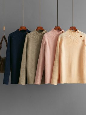 Thick High Collar Sweater With Diagonal Side Button