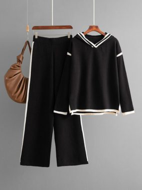 Contrast Color Hooded Sweater With Side Slit And Pants