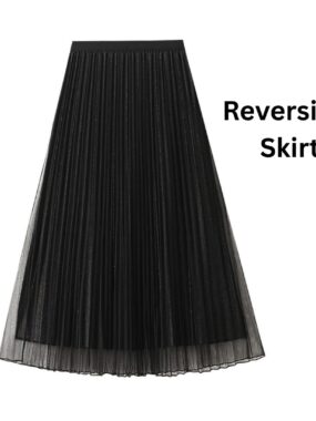 Reversible Mesh Chiffon Pleated Satin Midi Skirt