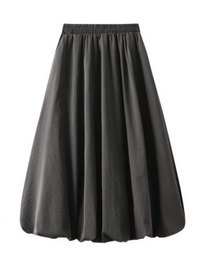 Plain Flouncy Ribbed Waist Midi Skirt