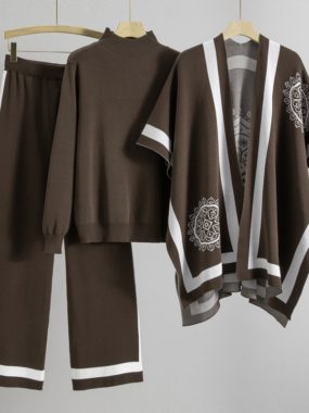 3 Pcs Wide Stripes Sweater, Shawl Sleeve Cardigan, and Pants