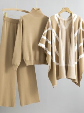 3 Pcs Set Striped Cape, Ribbed Turtleneck, and Pants