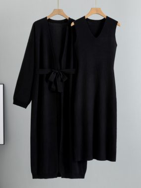 Belted Cardigan And Long V-Neck Sleevless Dress