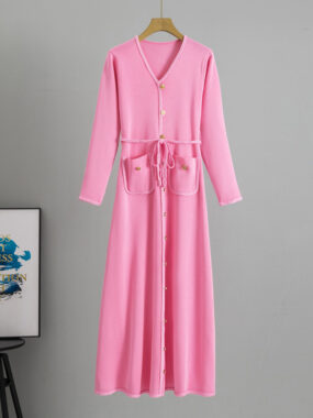 Long Sleeve Knitted V-Neck Button Up Maxi Dress