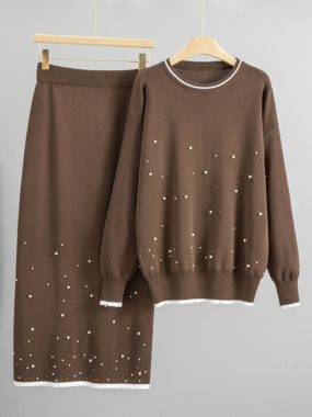 Beaded Round Neck Sweater and Pencil Cut Skirt