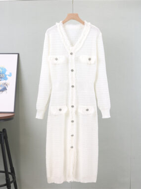 Button Up Long Sleeve V-Neck Dress with Pockets